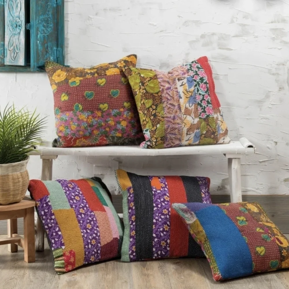 NWT Vintage One Of A Kind Sari Kantha Pillow-22in Purple/Turquoise